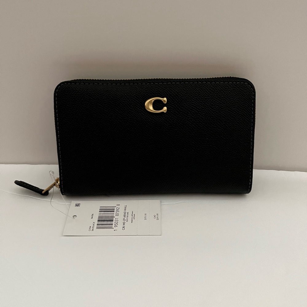 New New Coach CI194 Leather Medium Zip Around Wallet Brass/Black